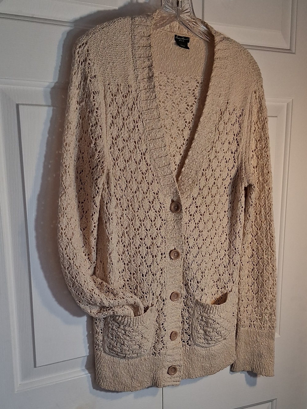Eddie Bauer Cream Open-Knit Button Cardigan- Crochet-Vintage-100% Cotton